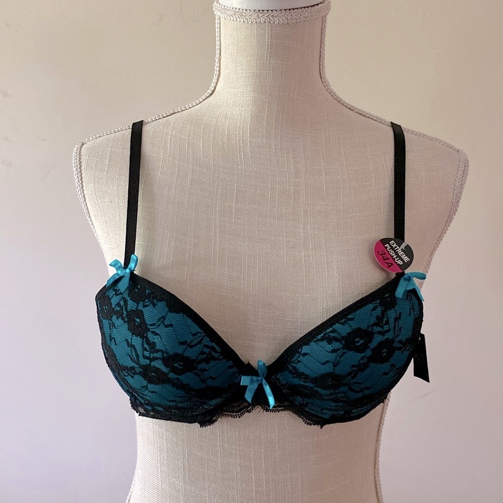 Rene Rofe lingerie extreme push-up teal black lace padded bra size 34A